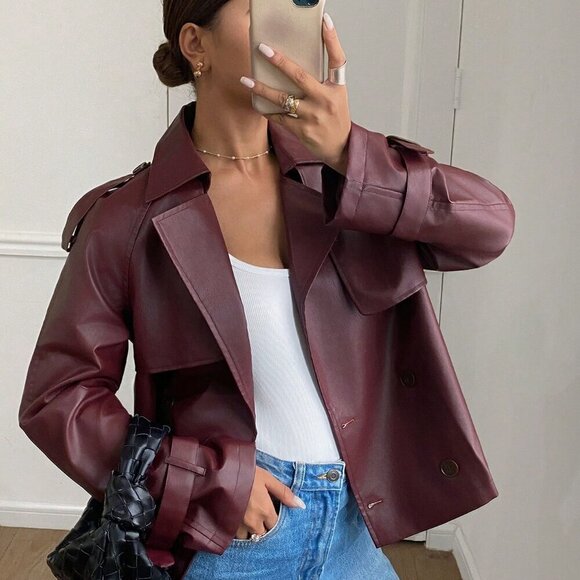 Burgundy Women's Double-Breasted Faux Leather cropped trench jacket coat - Picture 7 of 7